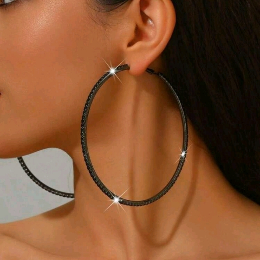 Large Black Rhinestone Hoop Earrings